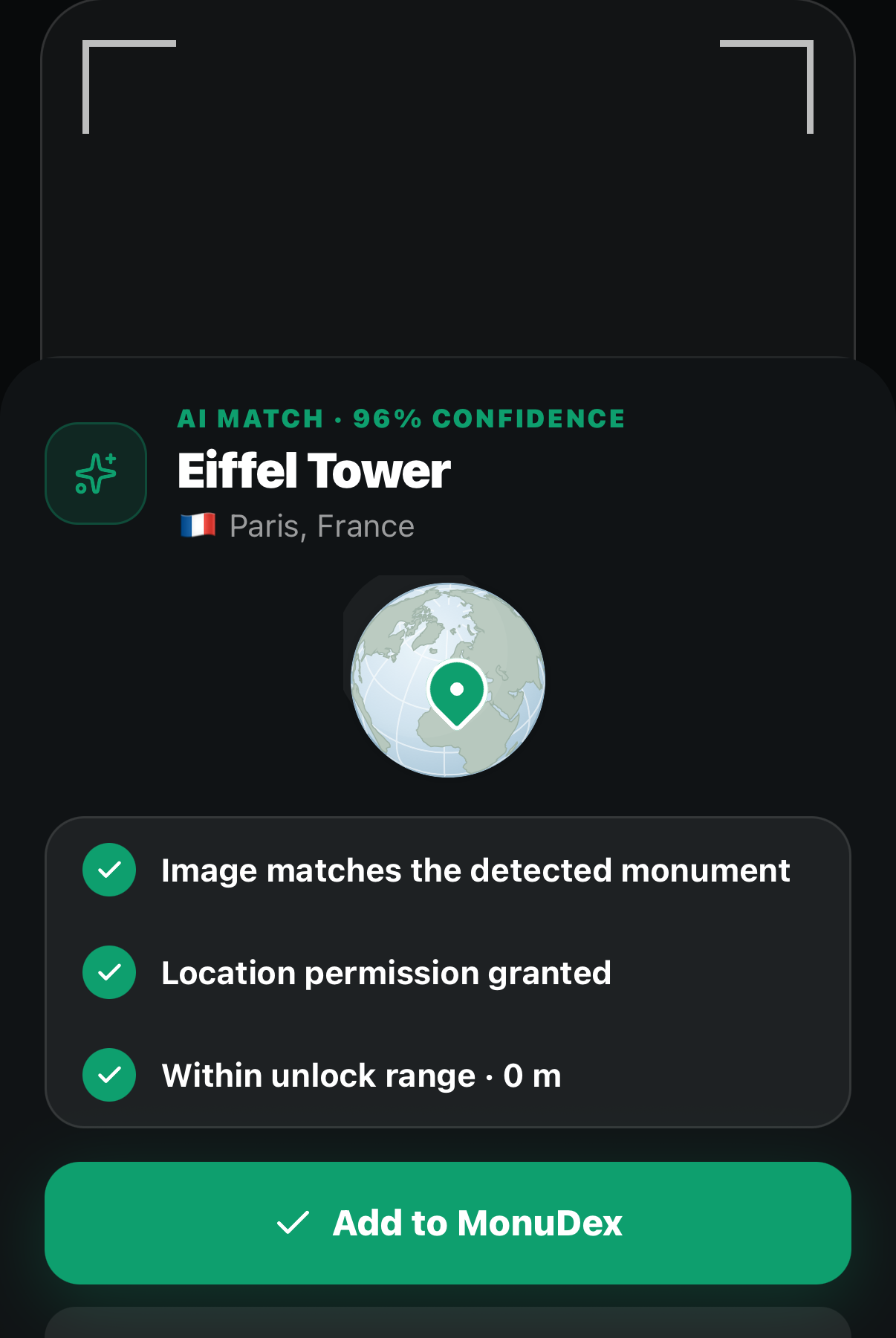 MonuDex camera detector confirming the Eiffel Tower with image and location checks